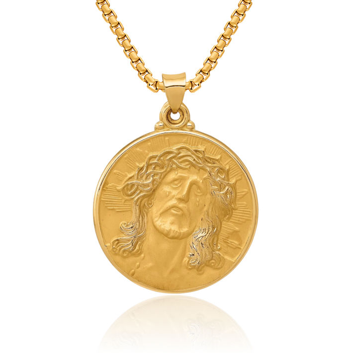 14K Solid Yellow Gold Jesus Christ Head Face Medal Necklace Religious Chain Pendant Christian Faith Charm