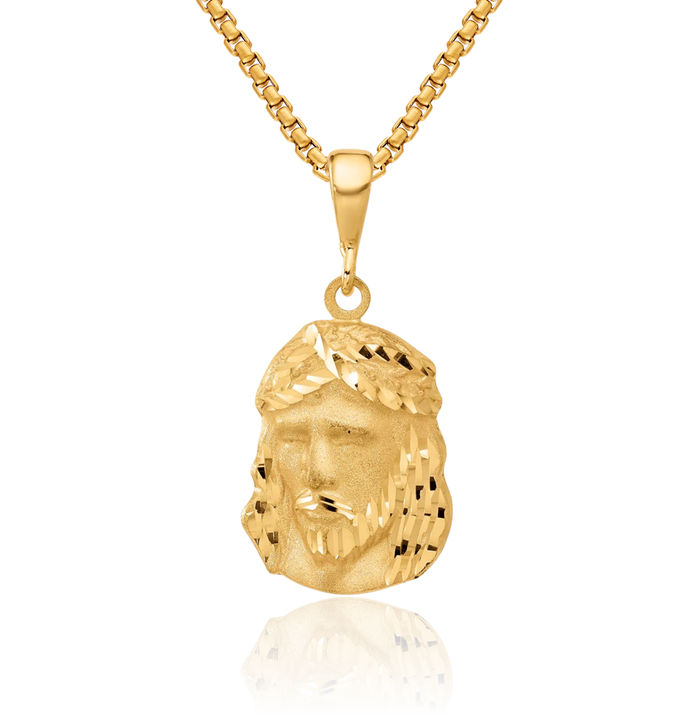 14K Solid Yellow Gold Jesus Christ Head Face Medal Necklace Religious Chain Pendant Christian Faith Charm