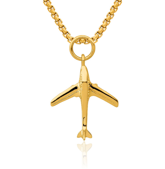 14K Solid Yellow Gold Jet Airplane Necklace Chain Pendant Charm