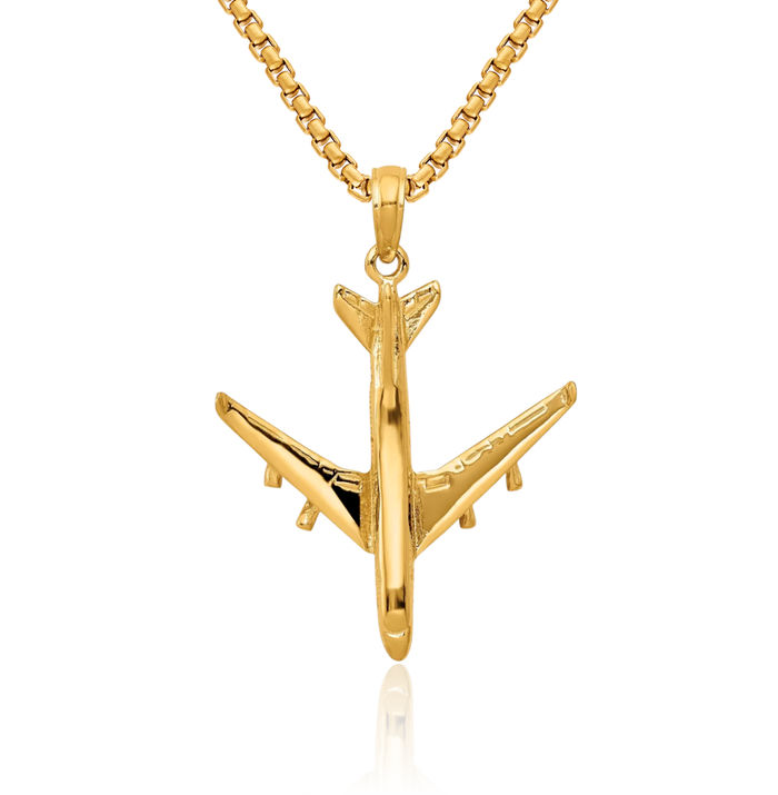 14K Solid Yellow Gold Jet Airplane Necklace Chain Pendant Charm