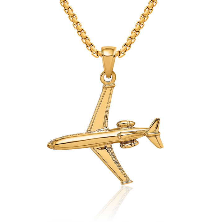 14K Solid Yellow Gold Jet Airplane Necklace Chain Pendant Charm