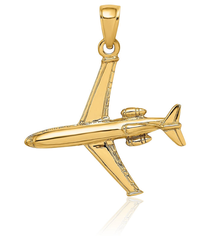 14K Solid Yellow Gold Jet Airplane Necklace Chain Pendant Charm