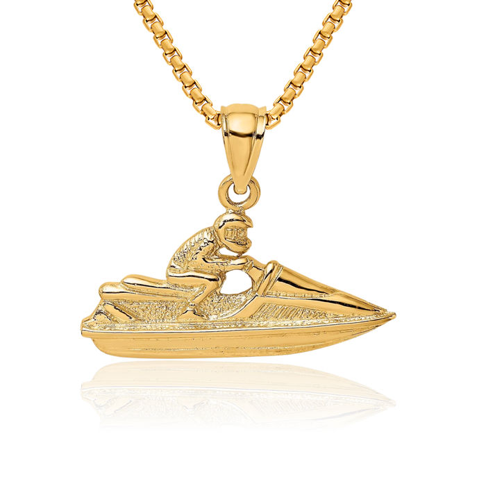 14K Solid Yellow Gold Jet Ski Necklace Chain Pendant Charm