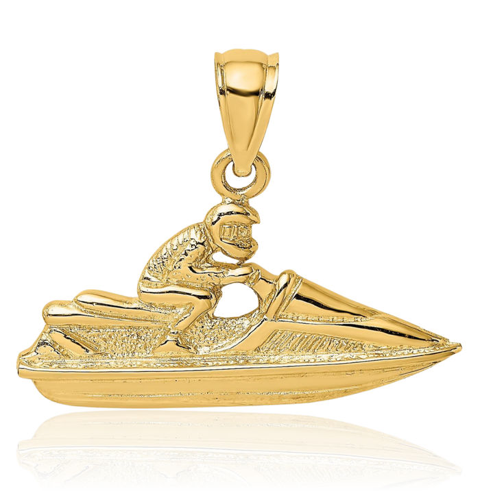 14K Solid Yellow Gold Jet Ski Necklace Chain Pendant Charm