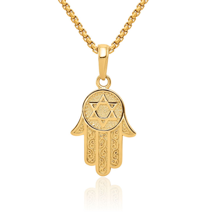 14K Solid Yellow Gold Jewish Hamsa Hand of Fatima Evil Eye Protection Star David Magen Necklace Judaica Religious Chain Pendant Israel Charm