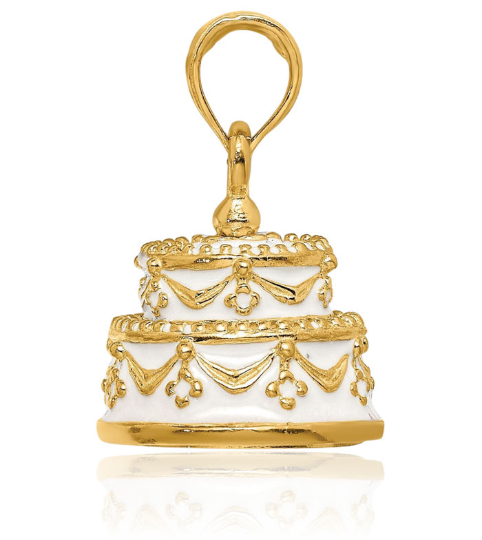 14K Solid Yellow Gold Just Married Wedding Cake Necklace Chain Pendant Charm