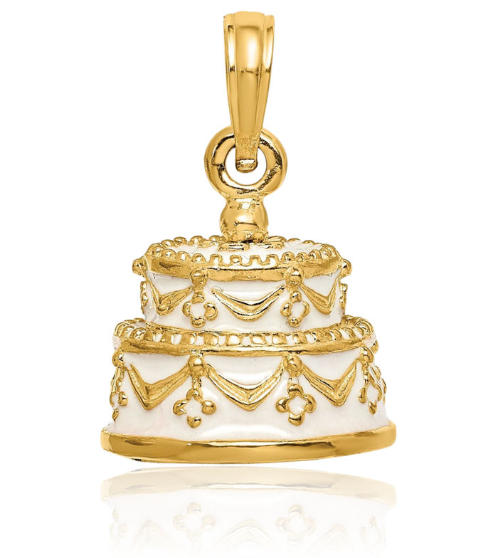 14K Solid Yellow Gold Just Married Wedding Cake Necklace Chain Pendant Charm