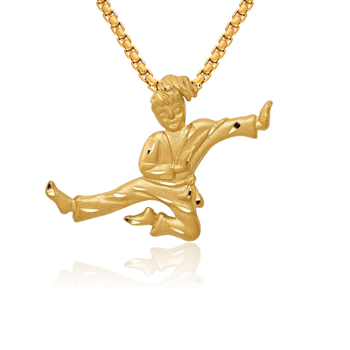 14K Solid Yellow Gold Karate Female Floating Chain Slide Sports Pendant Necklace Boxing Charm