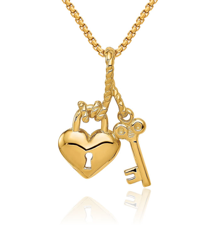 14K Solid Yellow Gold Key Heart Lock Chain Necklace Pendant Charm