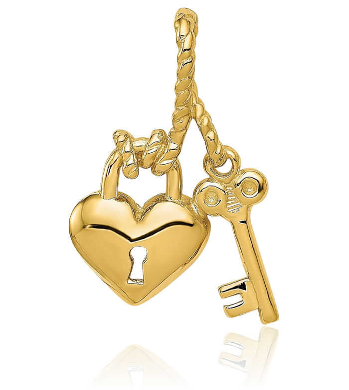 14K Solid Yellow Gold Key Heart Lock Chain Necklace Pendant Charm