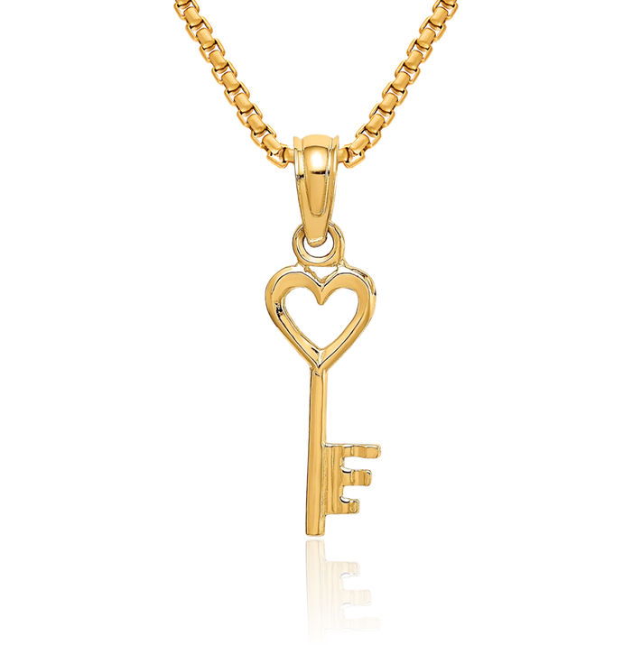 14K Solid Yellow Gold Key Heart Necklace Love Pendant Charm