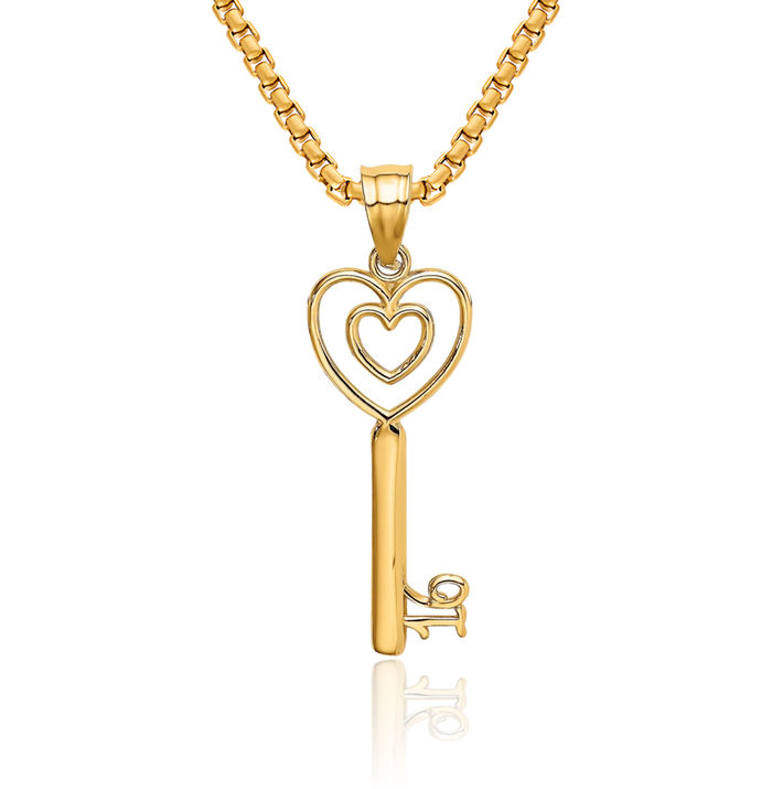 14K Solid Yellow Gold Key Heart Sweet 16 Years Old Birthday Necklace Chain Pendant Charm