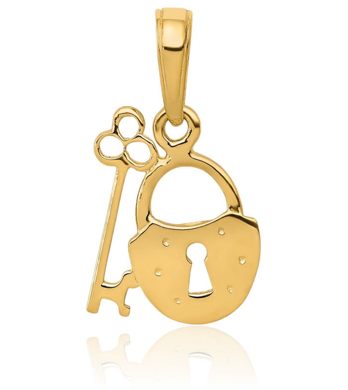 14K Solid Yellow Gold Key Lock Necklace Chain Pendant Charm