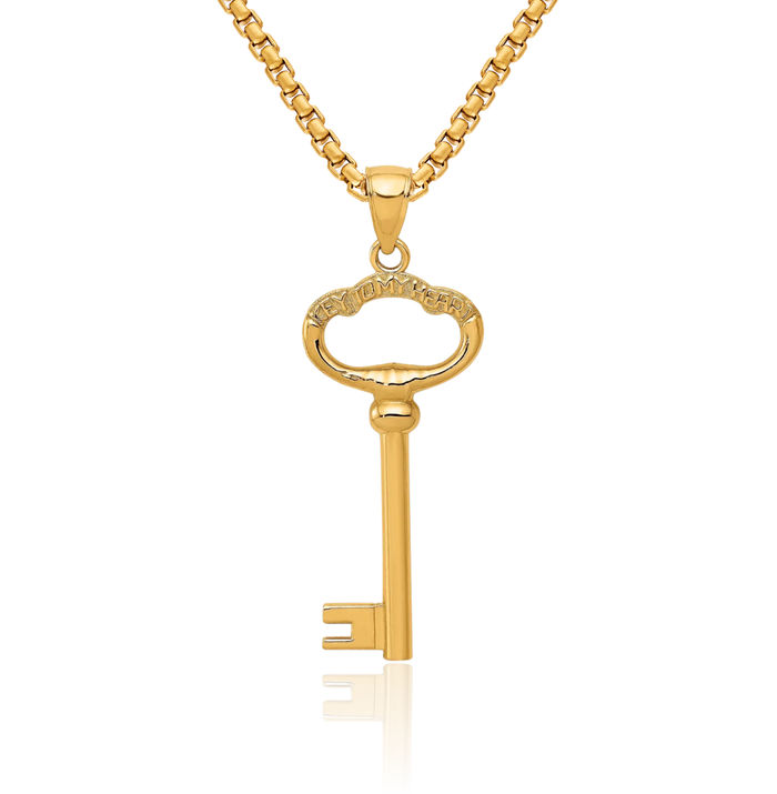 14K Solid Yellow Gold Key My Heart Necklace Chain Pendant Charm