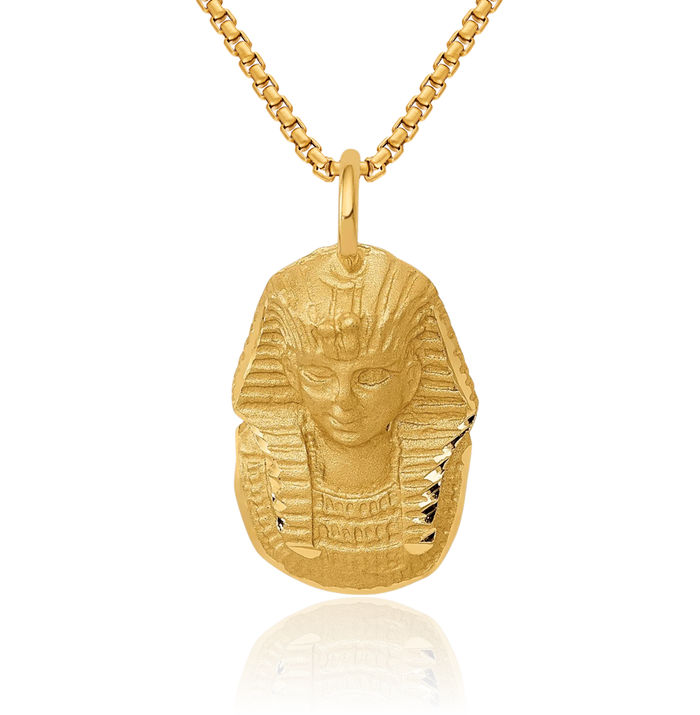 14K Solid Yellow Gold King Tut Egyptian Pharaoh African Necklace Chain Pendant Charm