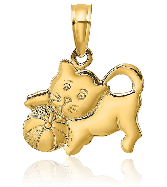 14K Solid Yellow Gold Kitten Cat Necklace Chain Pendant Charm