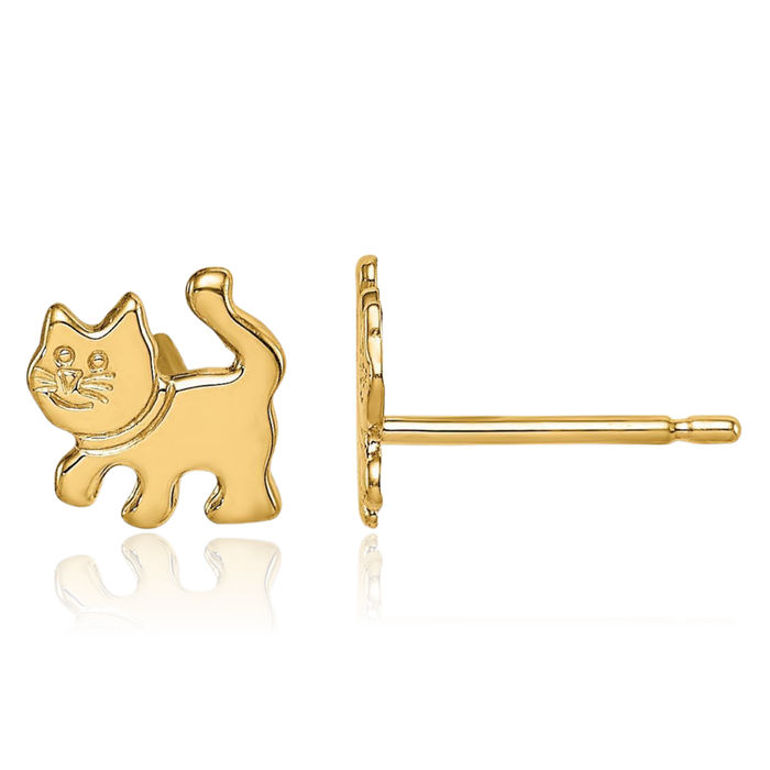 14K Solid Yellow Gold Kitten Cat Stud Earrings