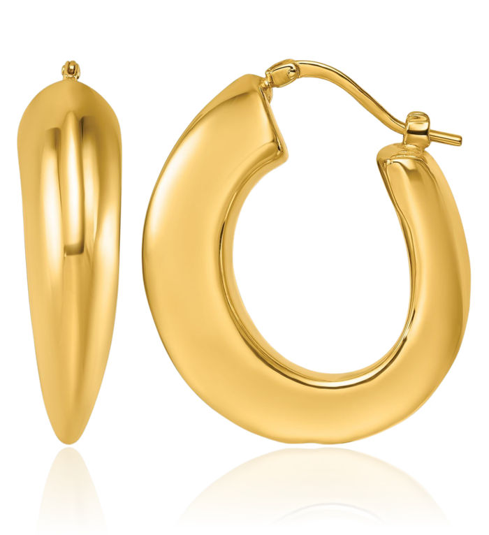 14K Solid Yellow Gold Knife Edge Graduated Oval Medium Hoop Earrings