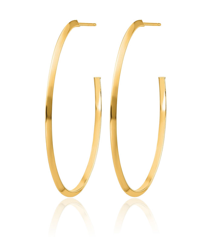 14K Solid Yellow Gold Knife Edge Oval 2mm Post Drop Dangle Hoop Earrings