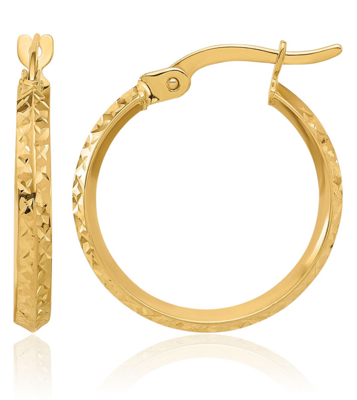 14K Solid Yellow Gold Knife Edge Round Hoop Earrings