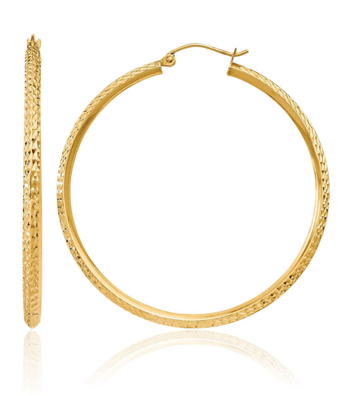 14K Solid Yellow Gold Knife Edge Round Large Hoop Earrings