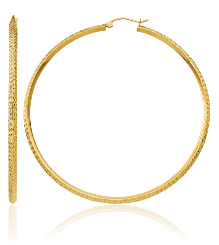 14K Solid Yellow Gold Knife Edge Round Large Hoop Earrings