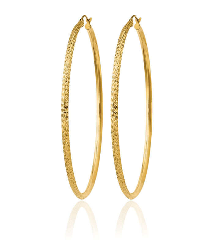 14K Solid Yellow Gold Knife Edge Round Large Hoop Earrings