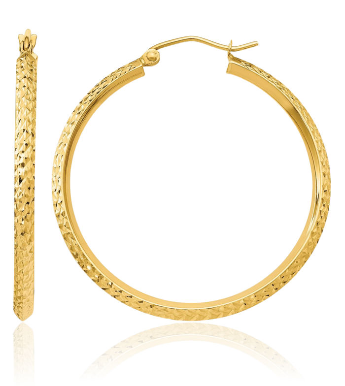 14K Solid Yellow Gold Knife Edge Round Medium Hoop Earrings