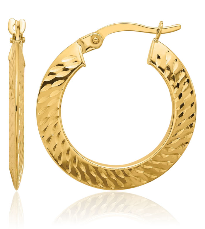 14K Solid Yellow Gold Knife Edge Round Medium Hoop Earrings