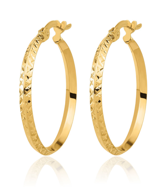 14K Solid Yellow Gold Knife Edge Round Medium Hoop Earrings