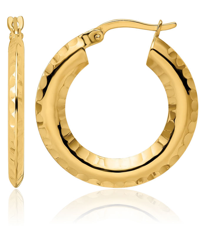 14K Solid Yellow Gold Knife Edge Round Medium Hoop Earrings