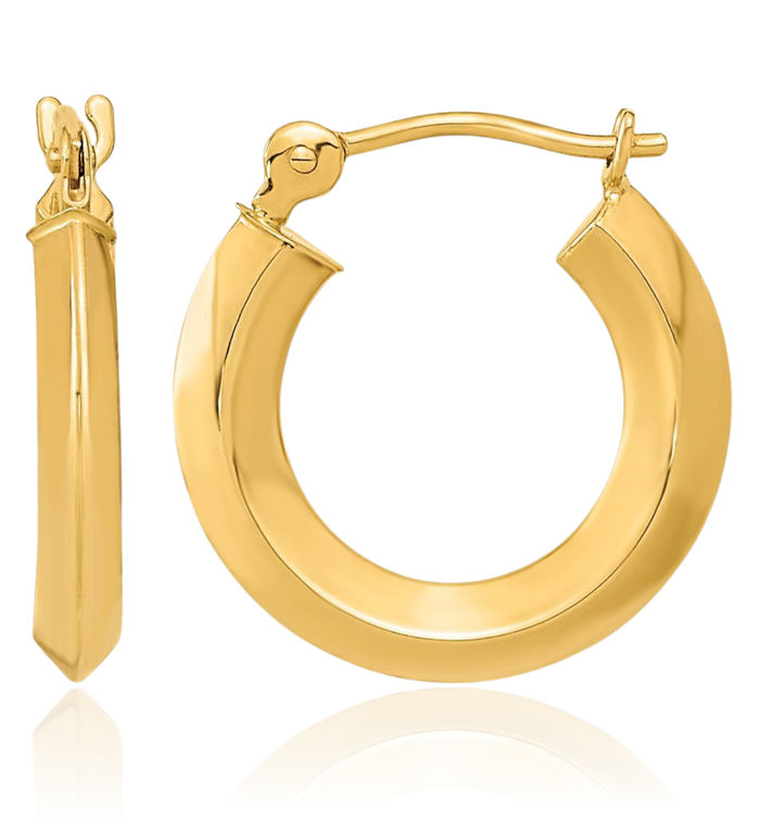 14K Solid Yellow Gold Knife Edge Round Small Hoop Earrings