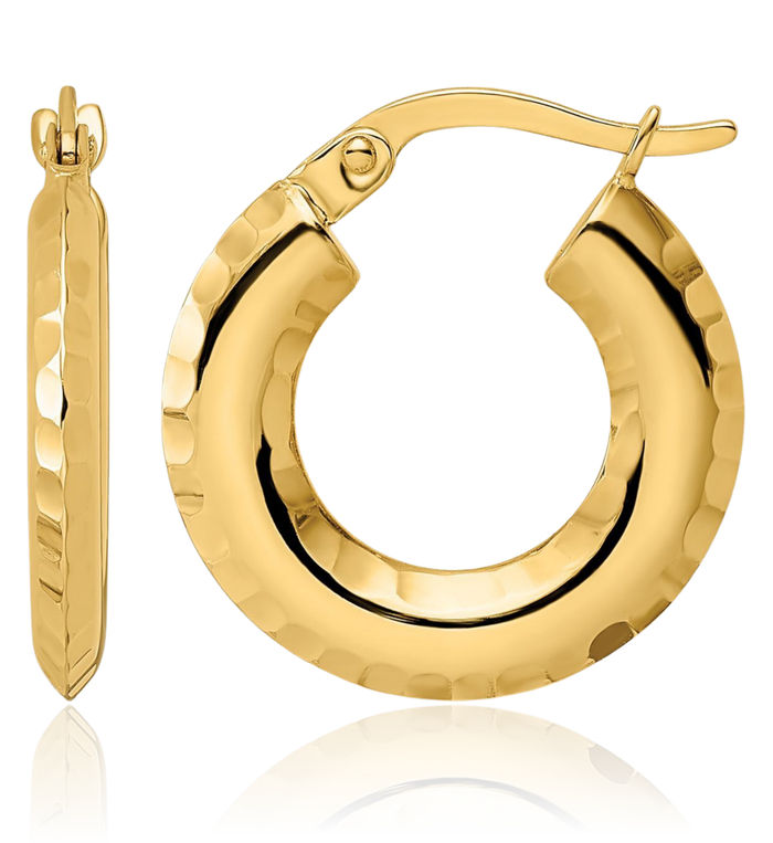 14K Solid Yellow Gold Knife Edge Round Small Hoop Earrings