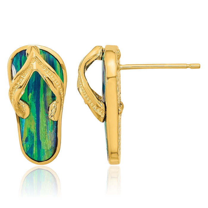 14K Solid Yellow Gold Lab Blue Opal Hawaiian Flip Flop Sandals Stud Earrings