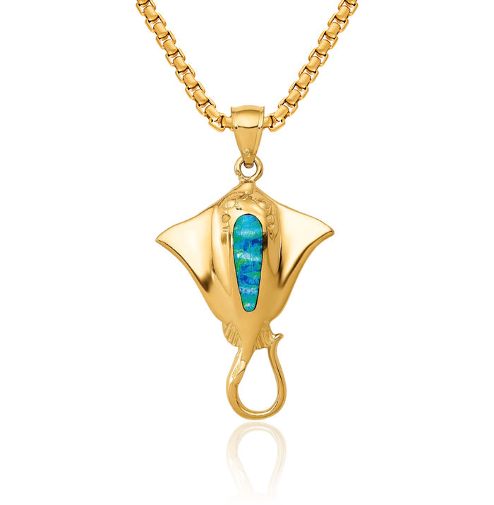 14K Solid Yellow Gold Lab Blue Opal Necklace Chain Pendant Charm