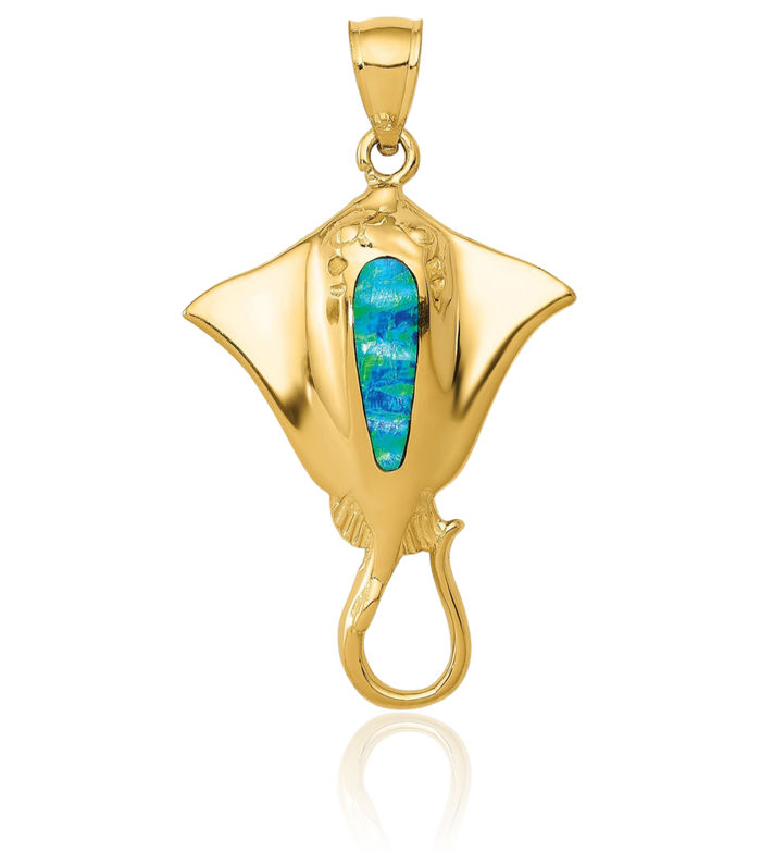 14K Solid Yellow Gold Lab Blue Opal Necklace Chain Pendant Charm