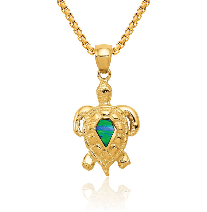 14K Solid Yellow Gold Lab Blue Opal Sea Turtle Necklace Chain Pendant Charm