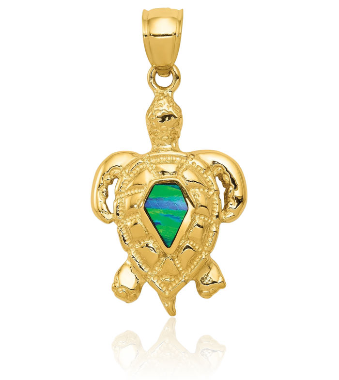 14K Solid Yellow Gold Lab Blue Opal Sea Turtle Necklace Chain Pendant Charm