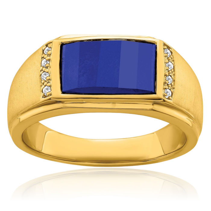 14K Solid Yellow Gold Lab Blue Sapphire Diamond Mens Ring Gemstone Band