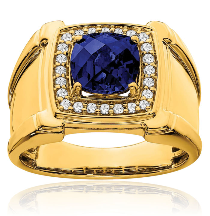 14K Solid Yellow Gold Lab Blue Sapphire Diamond Mens Ring