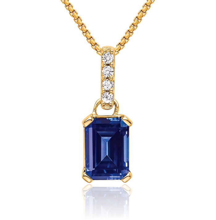 14K Solid Yellow Gold Lab Blue Sapphire Diamond Necklace Gemstone Pendant Charm April September Birthstone Jewelry