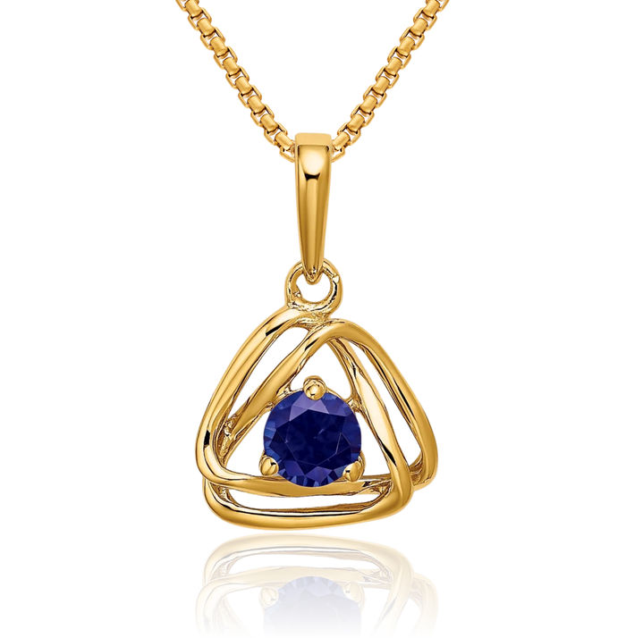 14K Solid Yellow Gold Lab Blue Sapphire Triangle Necklace Charm Gemstone Pendant September Birthstone Jewelry