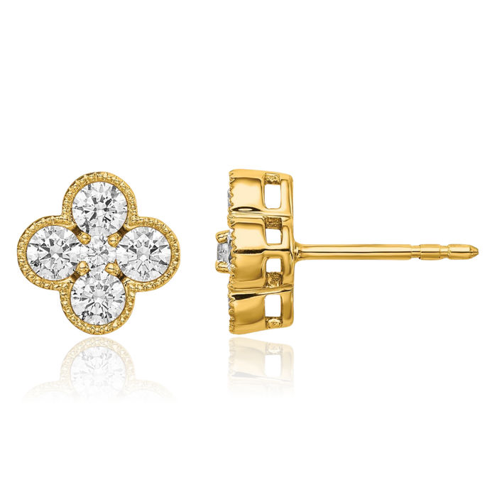 14K Solid Yellow Gold Lab Diamond Bloom Flower Stud Earrings