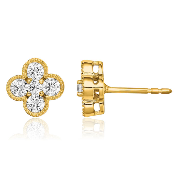 14K Solid Yellow Gold Lab Diamond Bloom Flower Stud Earrings