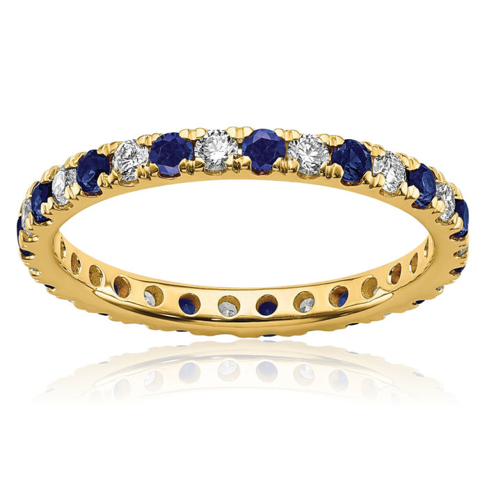 14K Solid Yellow Gold Lab Diamond Blue Sapphire Eternity Ring September Birthstone Jewelry