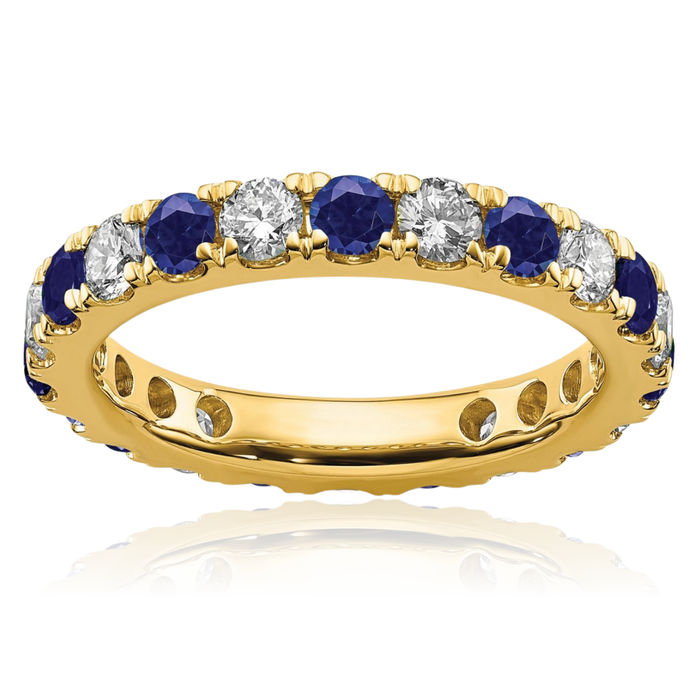 14K Solid Yellow Gold Lab Diamond Blue Sapphire Eternity Ring September Birthstone Jewelry