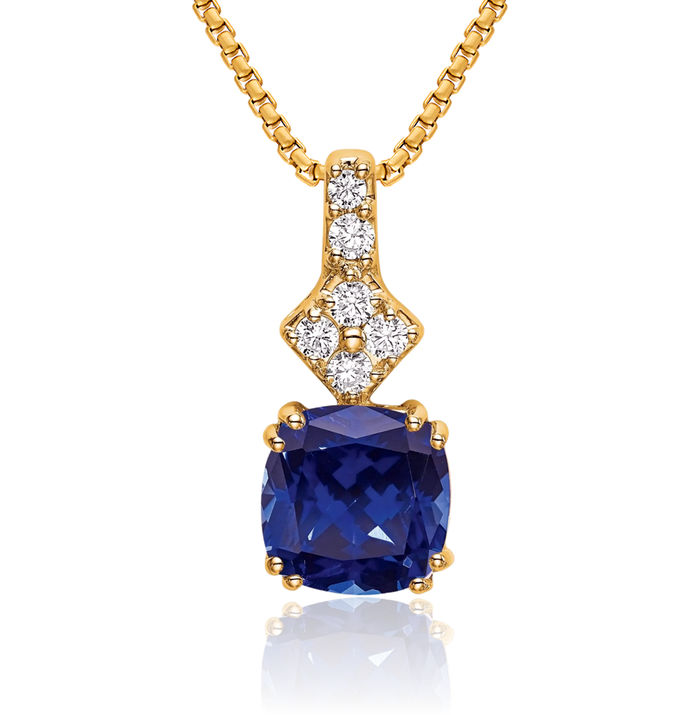 14K Solid Yellow Gold Lab Diamond Blue Sapphire Necklace Gemstone Pendant Charm September Birthstone Jewelry