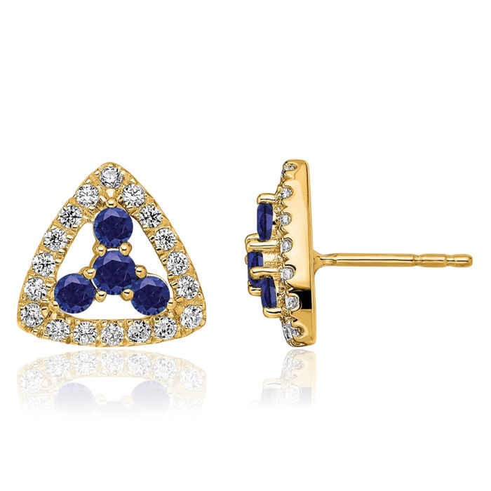 14K Solid Yellow Gold Lab Diamond Blue Sapphire Triangle Studs Gemstone Earrings September Birthstone Jewelry