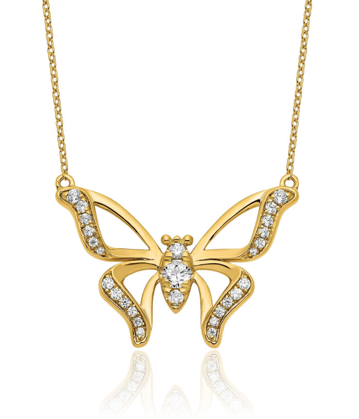 14K Solid Yellow Gold Lab Diamond Butterfly Wings Chain Necklace