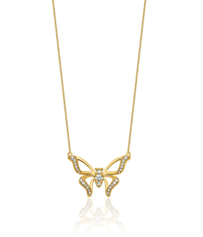 14K Solid Yellow Gold Lab Diamond Butterfly Wings Chain Necklace